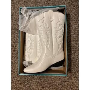 Cowgirl Boots Womens 8 White Black Western Embroidered Pointed Toe Chunky Heel